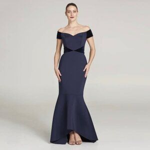 Eliza J Off the Shoulder Hi-Low Mermaid Gown Dress Scuba Velvet Blue Size 14